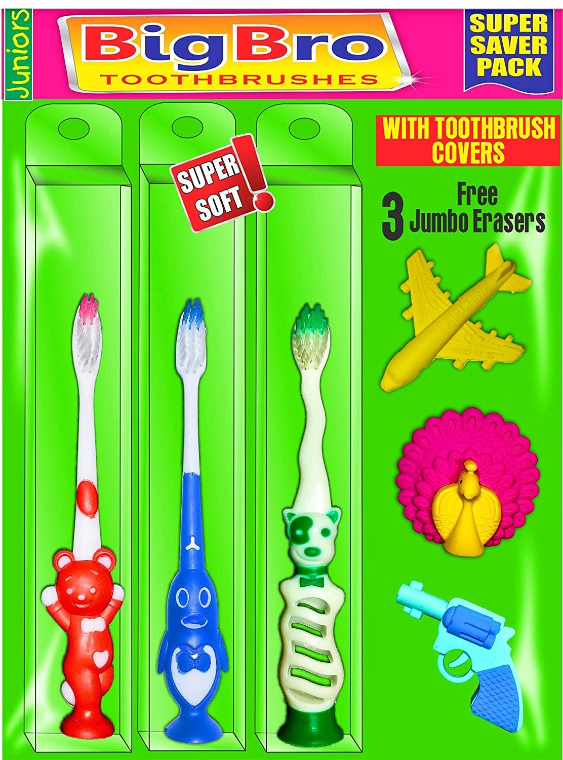 BigBro Kids Extra Soft Manual Bristle With Cover Cartoon Shape Fancy With Tongue Cleaner For Children Girls Boys With Jumbo Erasers (Super Saver Pack Of 3 Sets),Multicolor (B09RBB9445) Amazon Price History, Amazon Price Tracker