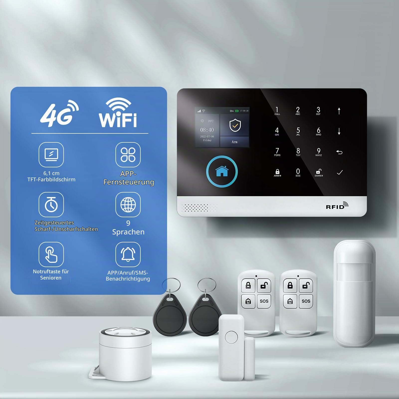 4G+WLAN-Funk-Alarmanlage mit Außenkamera – Schnelle und einfache Einrichtung, Keine monatlichen Gebühren, App-Steuerung für mehr Sicherheit zu Hause