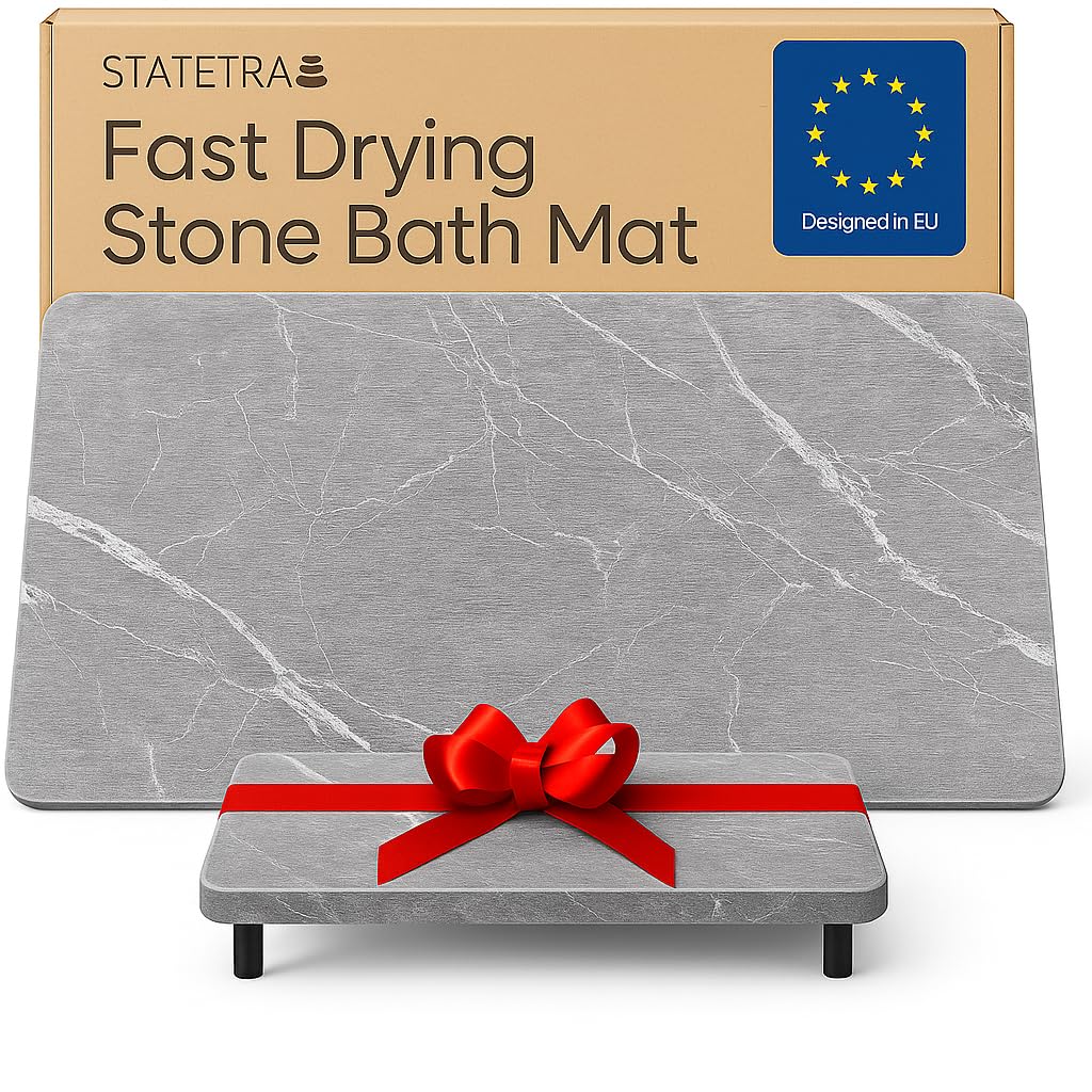 STATETRA Stone Bath Mat Quick-Dry Absorbing Diatomaceous Earth Bath Mat | 2 Stone Mats - Large & Small Mat for Bathroom | Anti-Slip Diatomaceous