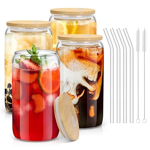 sungwoo 4PCS Glass Cups with Bamboo Lids and Straws, 16OZ