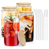 sungwoo 4PCS Glass Cups with Bamboo Lids and Straws&comma; 16OZ Ice Coffee Cup&comma; Drinking Cup set with Wooden Lids&comma; Home Essential Glass Tumblers for Beer&comma; Cocktail&comma; Tea and Latte Clear