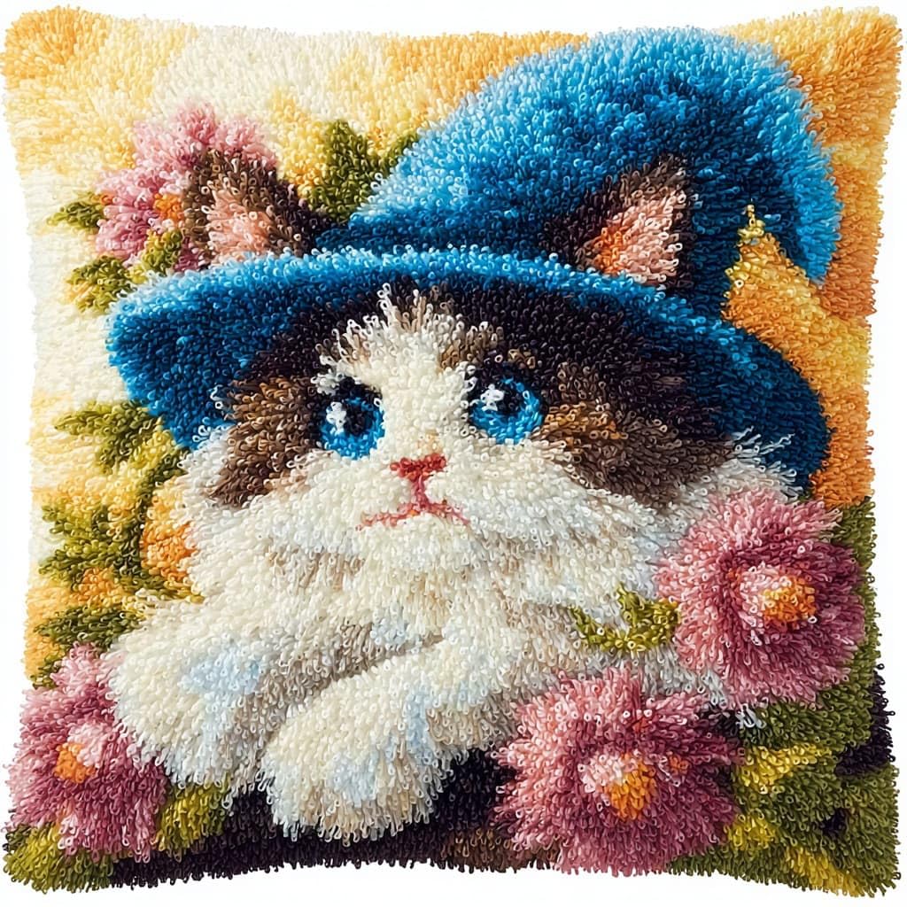 Henypt Latch Hook Kits-E Diy Latch Hook Pillow Kit, Cats And Flowers