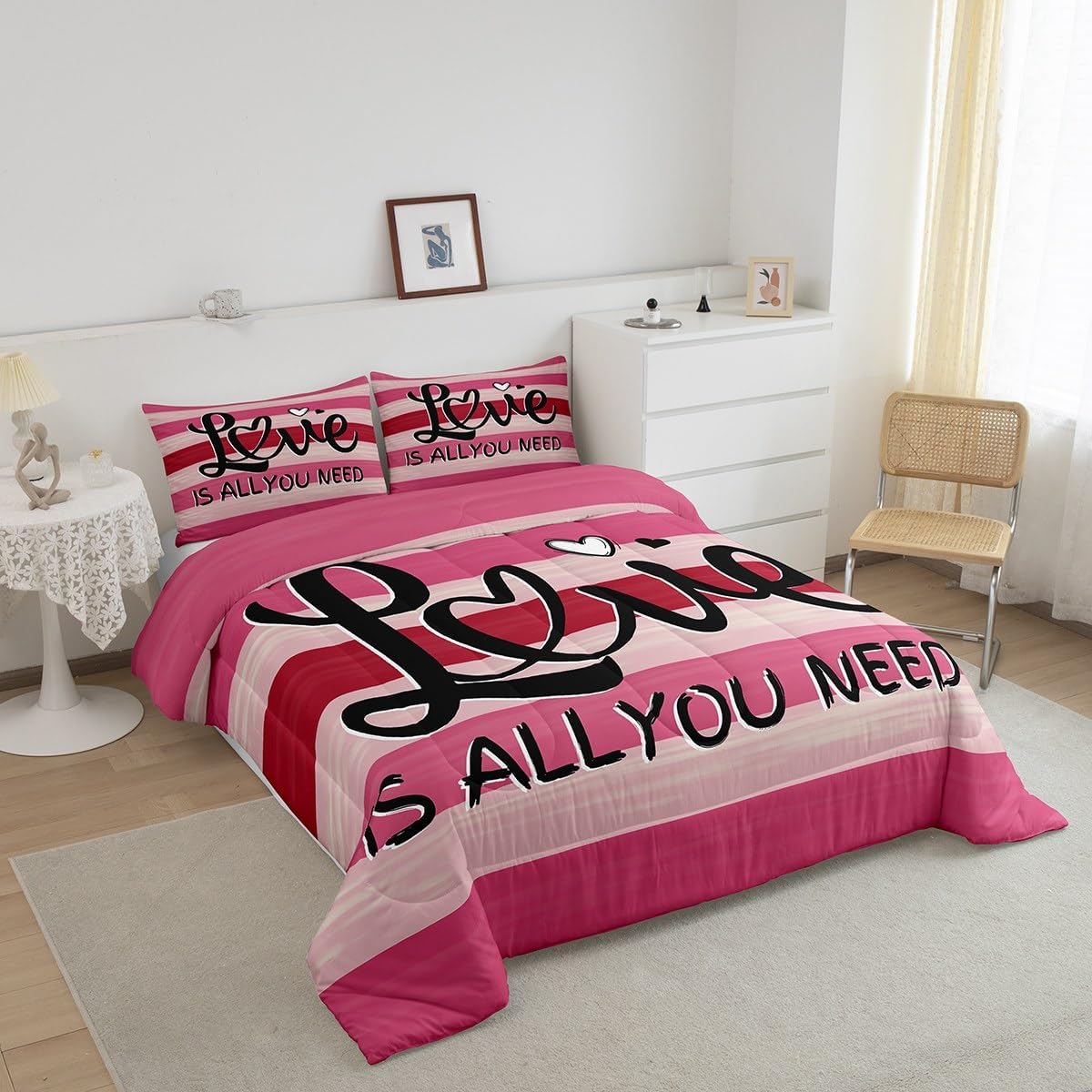 jejeloiu Hot Pink Bedding Set Toddler Size Romantic Love Cover for Women Men Stripe Line Duvet Quilt Breathable Soft Lightweight Microfiber Pink Rainbow Room Decor