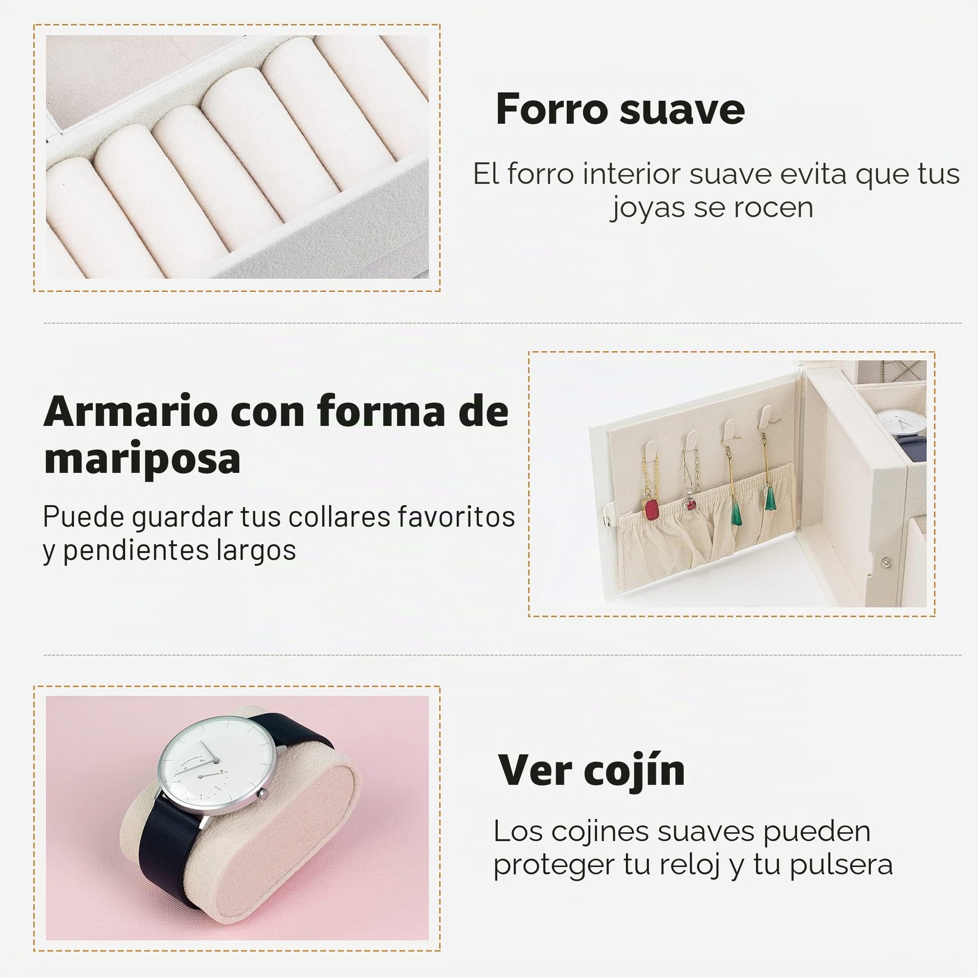 ADEL DREAM oyero de piel sintética con 3 niveles joyero para anillos pendientes collares pulsera regalo elegante para mujeres y niñas Blanco