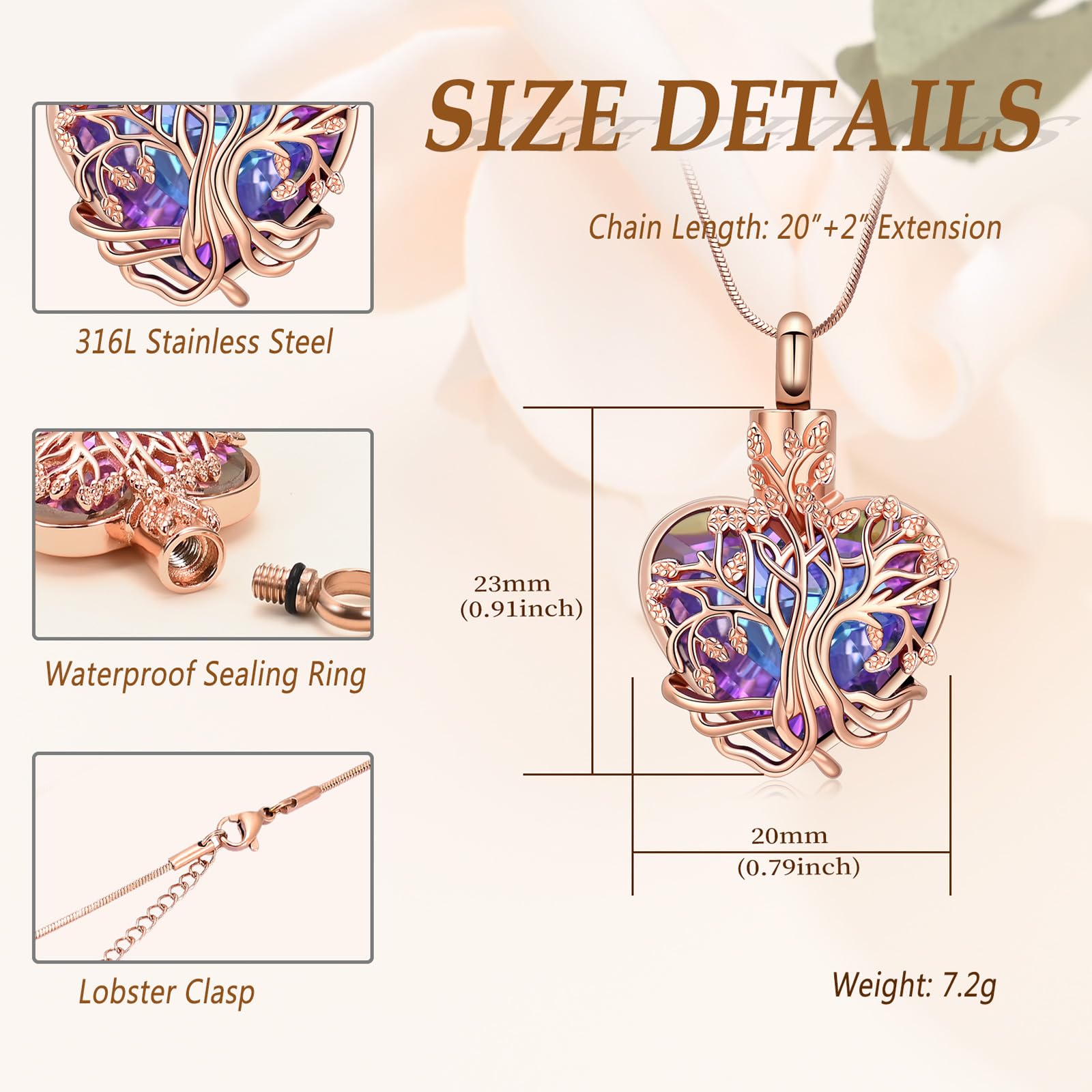 VCCWYQK Heart Tree of Life Urn Necklace for Ashes for Women Stainless Steel Cremation Jewelry Memorial Keepsake Gift for Ash of Loved One (F-4) - Image 2