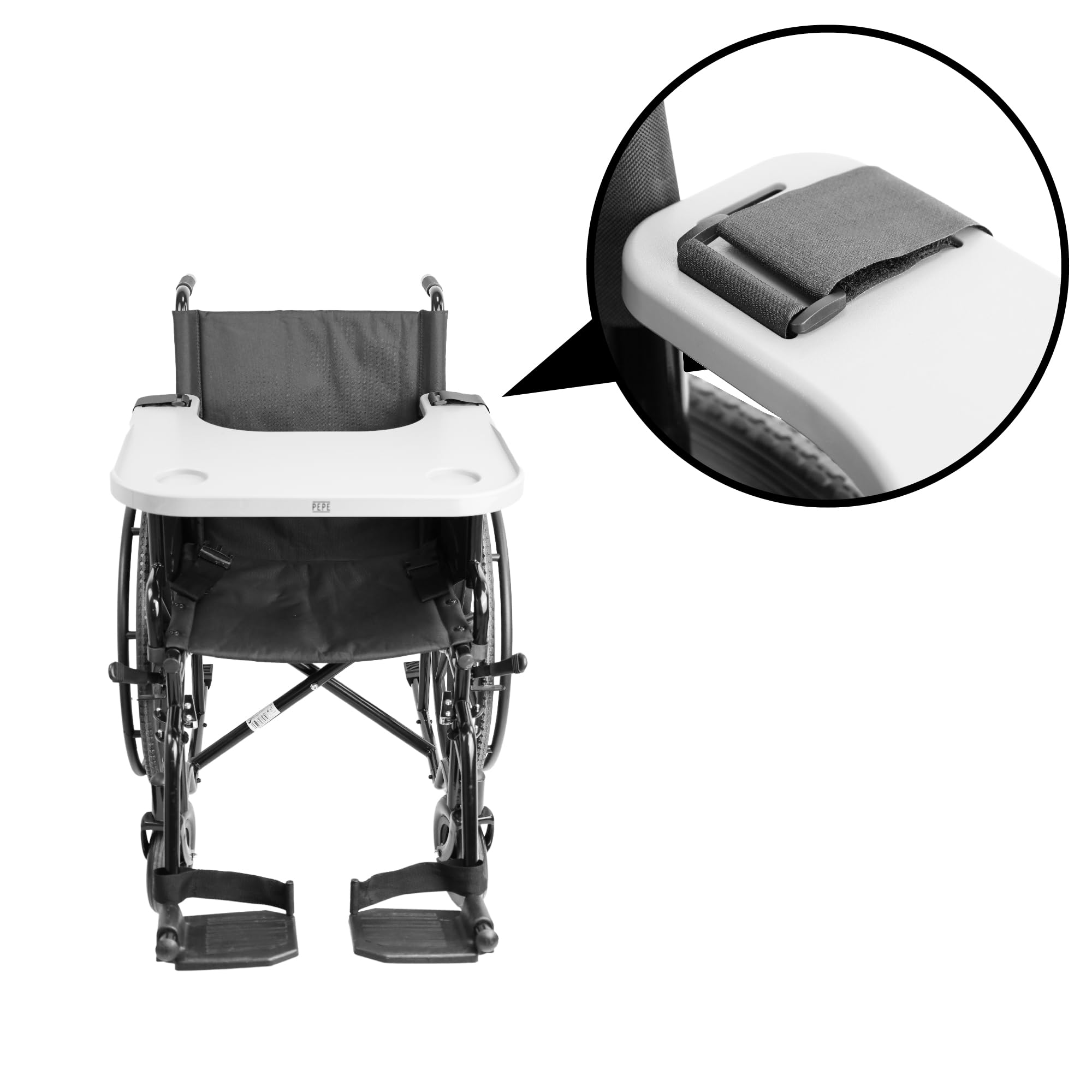 PEPE Mobility Tavolino per Sedia a Rotelle (Vassoio Rimovibile con Portabicchieri), Universale, Facile da Installare, Adulti e Disabili