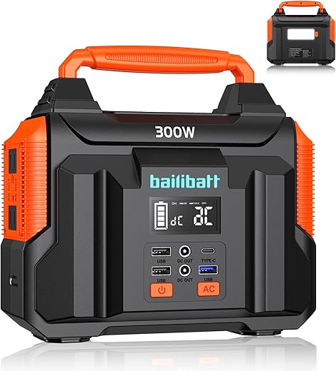 Portable Power Station 300W(Peak 600W), BailiBatt 257Wh 8-Port Portable Generator with Flashlight, 110V Pure Sine Wave AC Outlet Lithium Battery, Solar Generator for CPAP Home Camping Emergency Backup