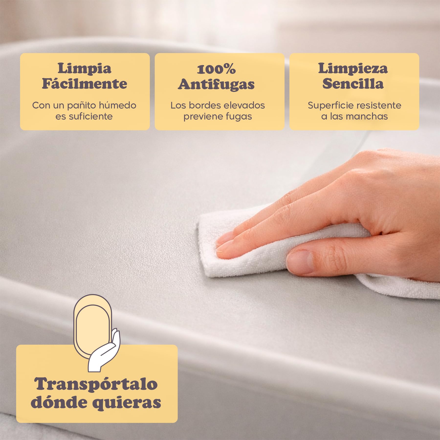 Cambiador Bebé 50x70 cm de Espuma PU Suave (No Rígido), Impermeable e Higiénico, Antideslizante, Bordes Elevados, Cinturón de Seguridad y Medidor Estatura, Portátil para Cómoda, Cama o Viaje (Beige)