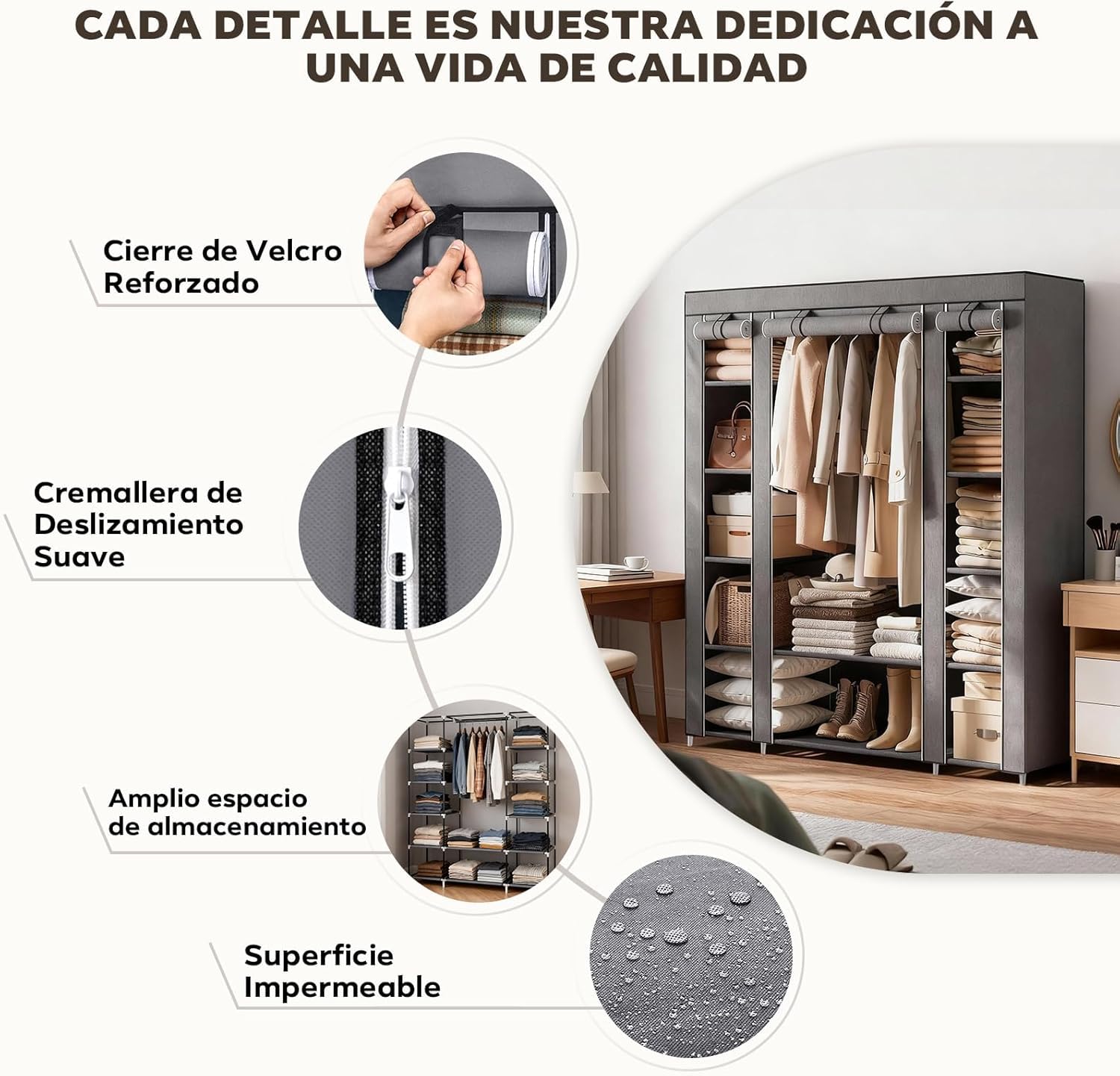 Armario de Tela 12 Compartimentos con Barra Colgador, Guardarropa Estable para Dormitorio, 150x45x175 cm, Gris
