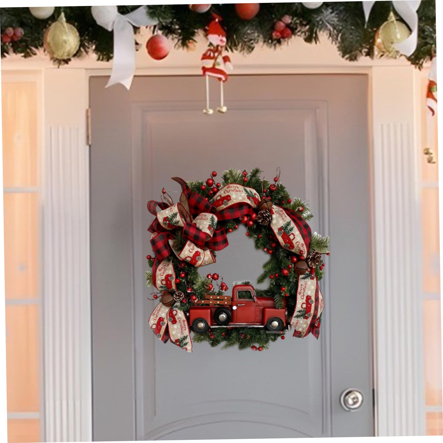 30cm Couronne de Noël, Guirlande de Noël Artificielle avec Baies de Houx Rouges et Nœud Papillon