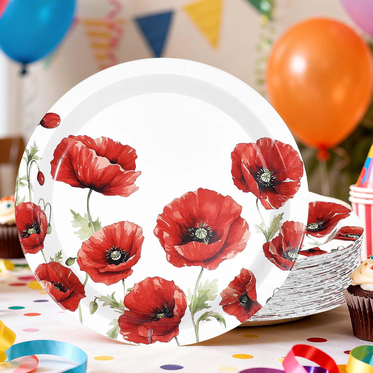 50Pcs Poppy Floral Paper Plates 9 Inch Heavy Duty Spring Poppies Disposable Dessert Plates Watercolor Red Flowers Party Decorations for Seasonal Bridal Shower Tea Garden Party Supplies - Image 5