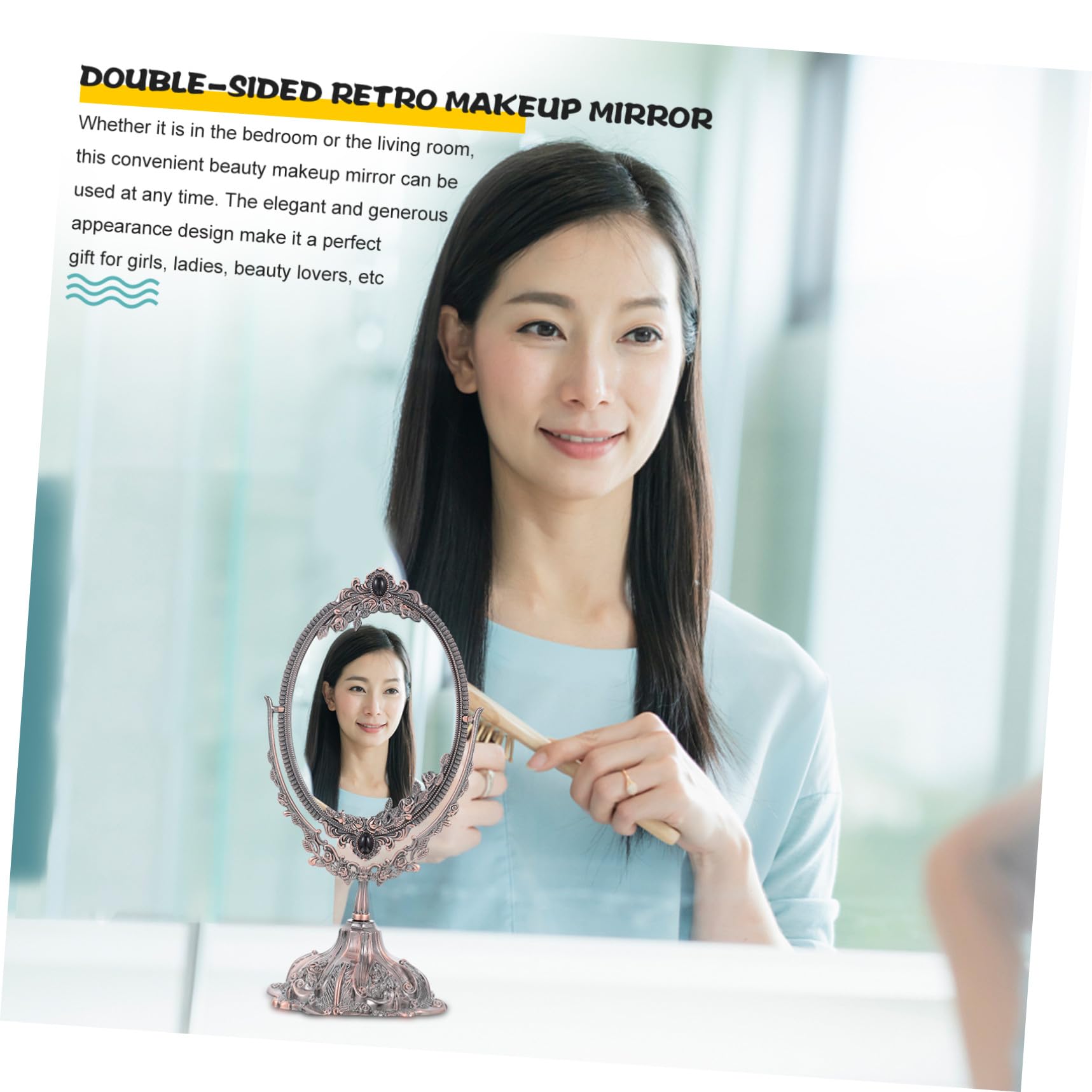 Doppelseitiger Schminkspiegel aus Zinklegierung im Europäischen Stil | Drehbar, Flacher Standfuß, Hohe Definition, Geeignet für Make Up und Hochzeit