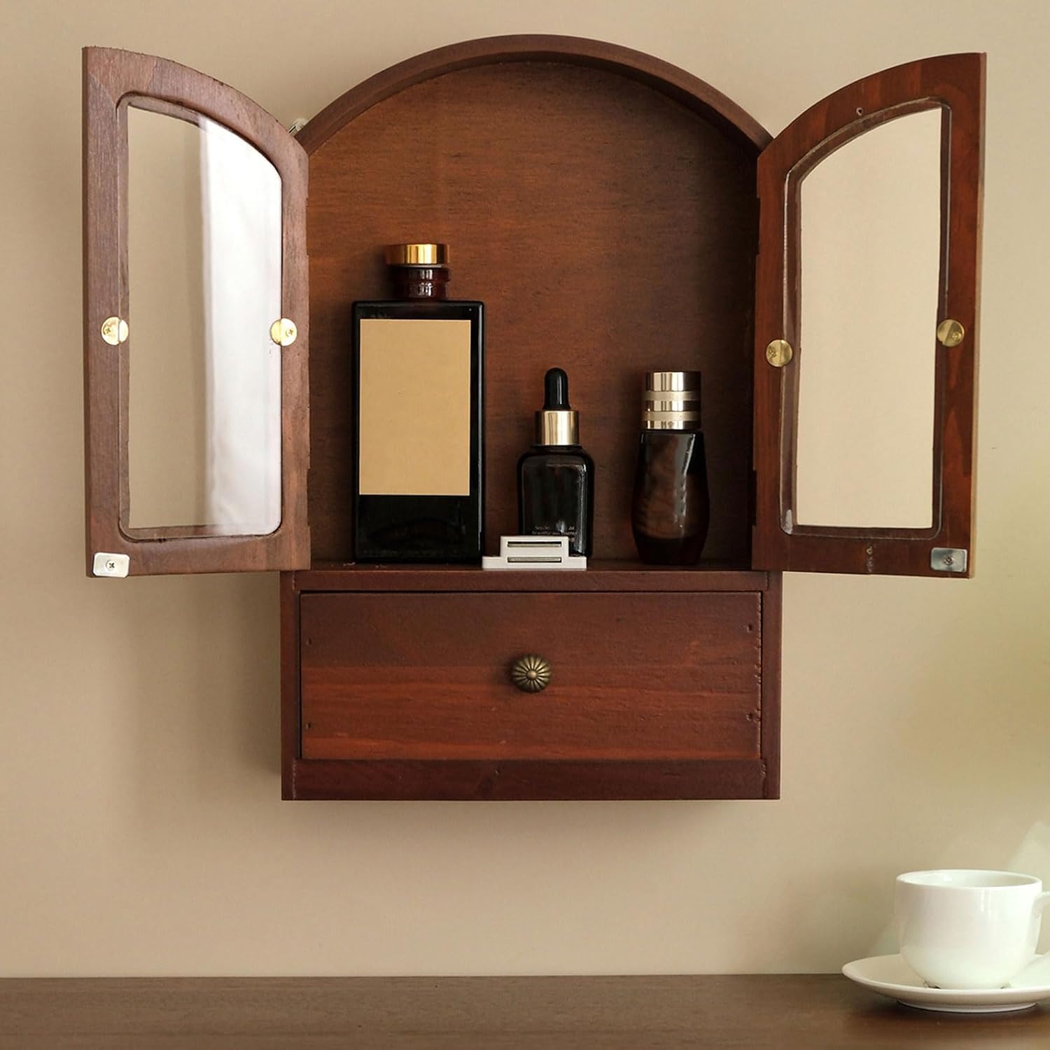 Decorsative Wooden Desktop Cabinet with Visible Glass Front Multiple Compartment Storage for Bedroom Decors Glass Door Storage Box
