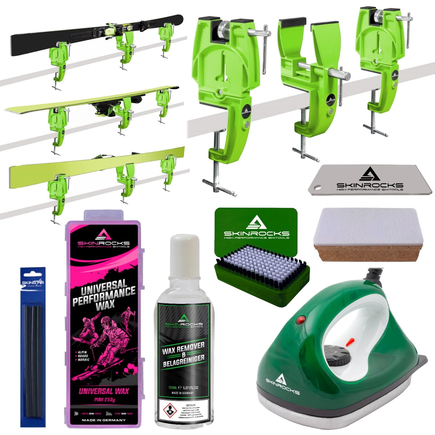 SkinRocks Cera de esquí profesional, 8 piezas, tensor de esquí, plancha Wax Ski Vice Green