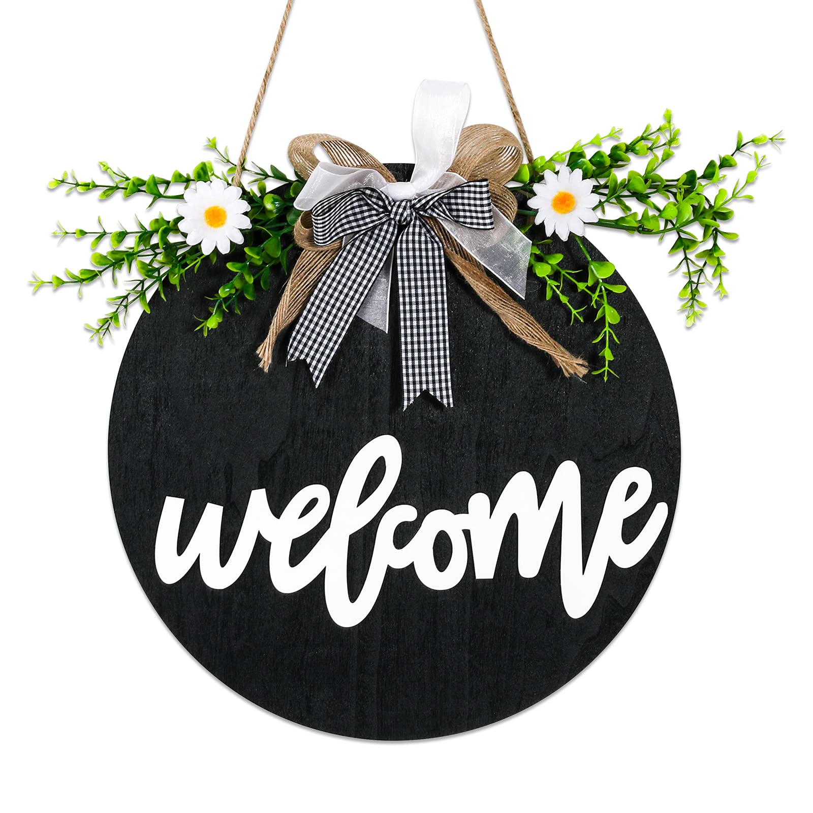 Welcome Sign for Front Door Decor Wreaths for Front Porch Decor Rustic Farmhouse Hanging Door Decorations Outdoor Spring Decorations for Home,Christmas,Restaurant,Coffee Shop(Black)