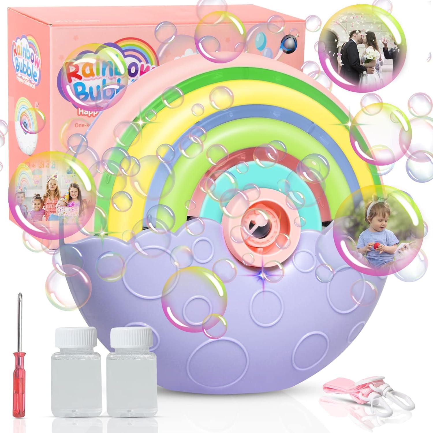 PANACARE Automatic Bubble Machine for Kids Portable Rainbow Bubble Blower Machine with Lights 2000+ Bubbles per Minute/Bubble Solution/Lanyard/Battery Powered for Outdoor Wedding Party Birthday Gifts