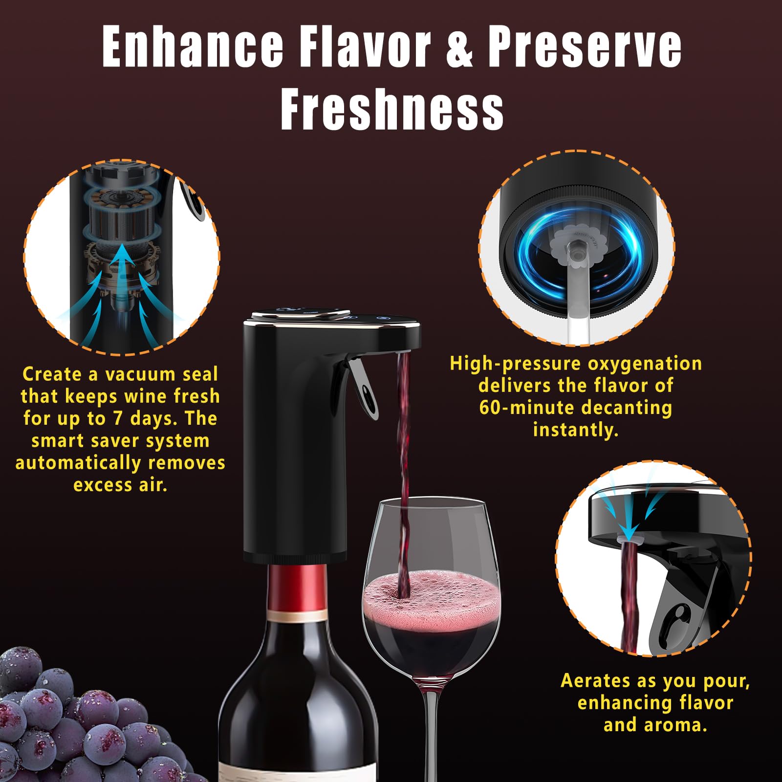 Aérateur de vin électrique, distributeur de vin rechargeable et décanteur, bec verseur quantitatif de 1 à 999 ml, autonettoyant et écran tactile LED, bec verseur automatique pour les amateurs de vin