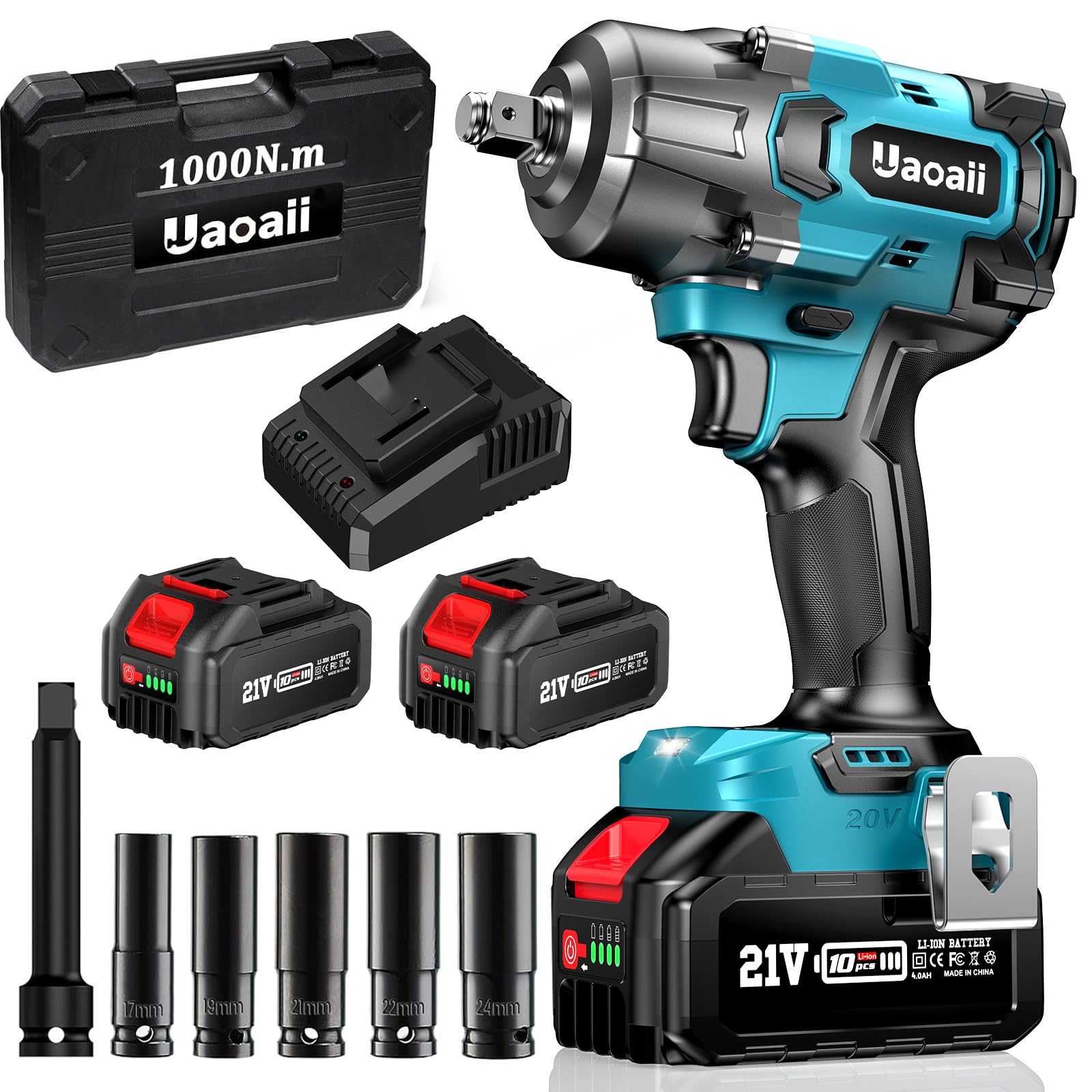 1/2 Impact Wrench 900Ft-lbs(1200Nm), 1/2 Impact Gun & 2x 21V 4.0Ah Batteries, Fast Charger, 4 Sockets & Storage Box, 1/2 Drive High Torque Impact Drill for Lug Nuts, Cars, Tires