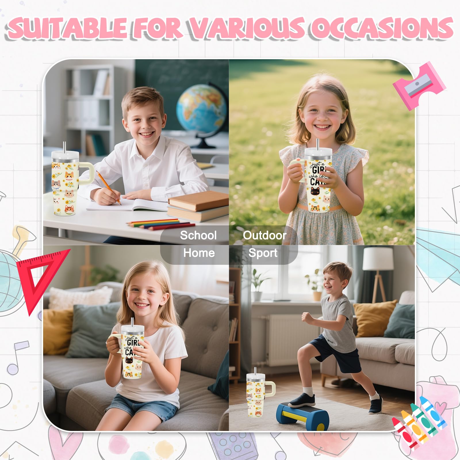 Regalos para amantes de los gatos, vaso de gato de 14 onzas con asa para niños, regalos para amantes de los gatos, regalo para el día de San Valentín para mujeres y niñas, vasos de acero inoxidable