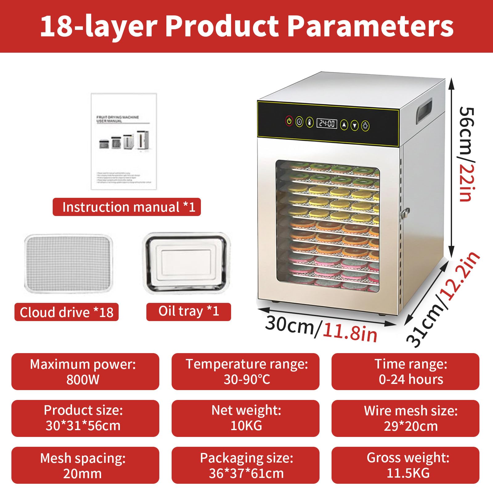 Essiccatore per Alimenti, Vassoi Impilabili in Acciaio Inox da 12/18 con Timer Digitale Regolabile E Controllo della Temperatura, Conservatore Elettrico per Frutta, Carne 800W18Trays