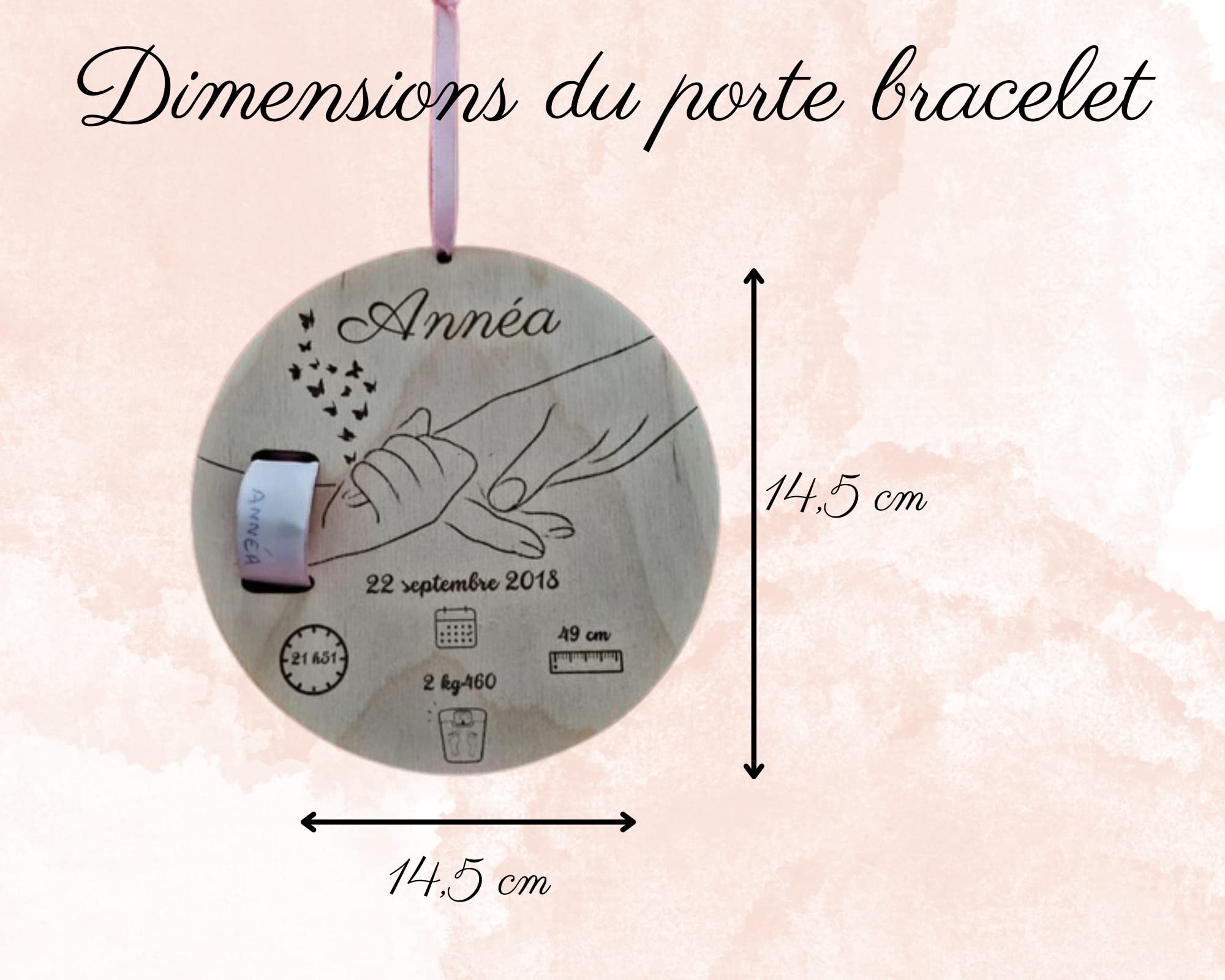 Porte bracelet de naissance personnalisé nouveau-né avec prénom,date, heure, poids, taille. Souvenir enfant, cadeau naissance à offrir, maternité