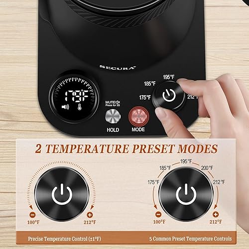 Miniatura 4 de Secura Hervidor eléctrico de cuello de cisne, 5 ajustes preestablecidos variables para café y té, tetera interior de acero 100% inoxidable con 1.5