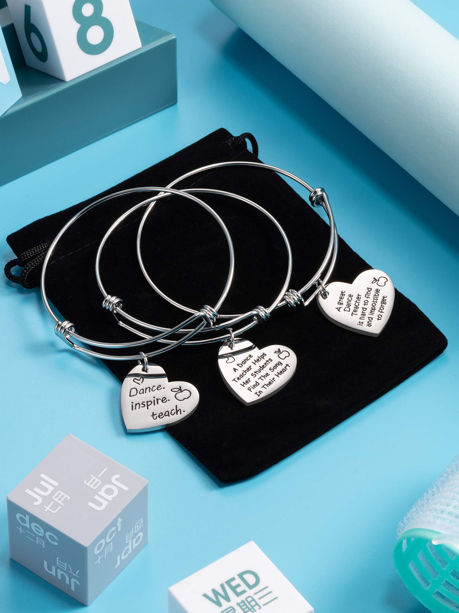 Zhanmai 3 Pieces Dance Teacher Gifts for 2026 Teacher's Day Bracelet Bangle Gift Engraved Appreciation Quotes Expandable Steel Bracelet with Heart Pendant for Women Dance Teacher