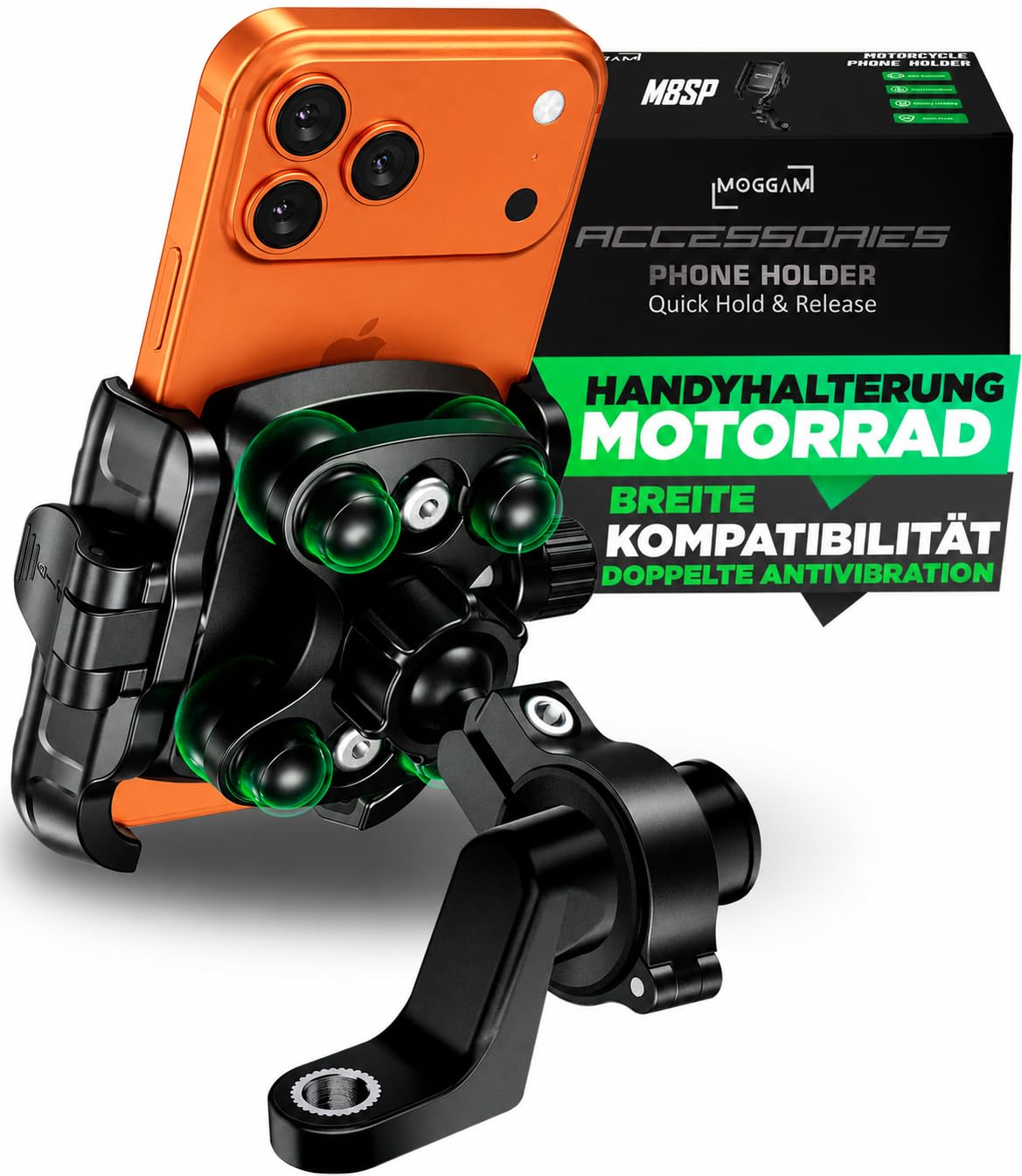 Handyhalterung Motorrad Antivibration CNC Aluminium Schnellverschluss Offenes Design Für Lenker 22-32mm & Rückspiegel 12-14mm Kompatibel Roller Fahrrad E-Scooter 360° Drehbar
