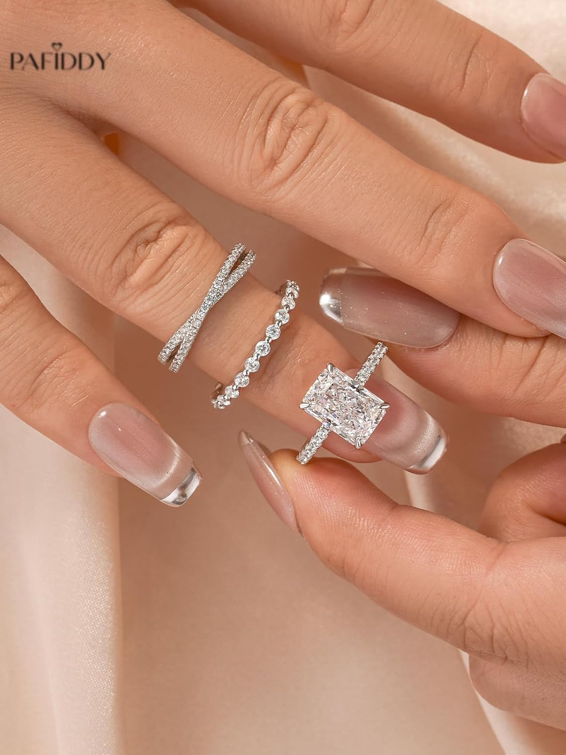 3.5 Carat Radiant Cut Wedding Ring Set for Women, 3 Piece Cubic Zirconia Ring Set, 18K White Gold Plated S925 Sterling Silver CZ Engagement Ring & Wedding Band - Image 5