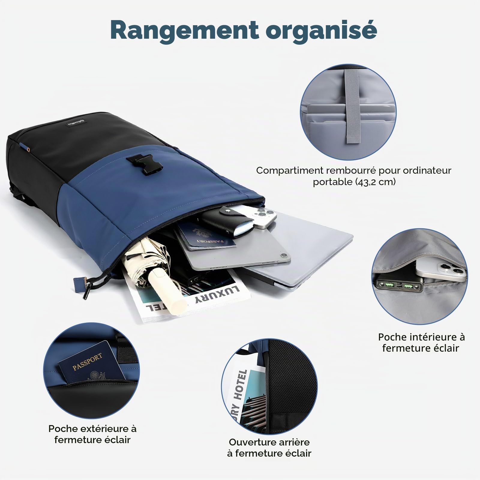 Sac a Dos Etanche, Sac à Dos Ordinateur Unisexe Extensible de 18 à 25 Litres avec Fermetures Éclair Antivol, Sac à Dos Travail pour Voyage, École, Loisirs - Bleu