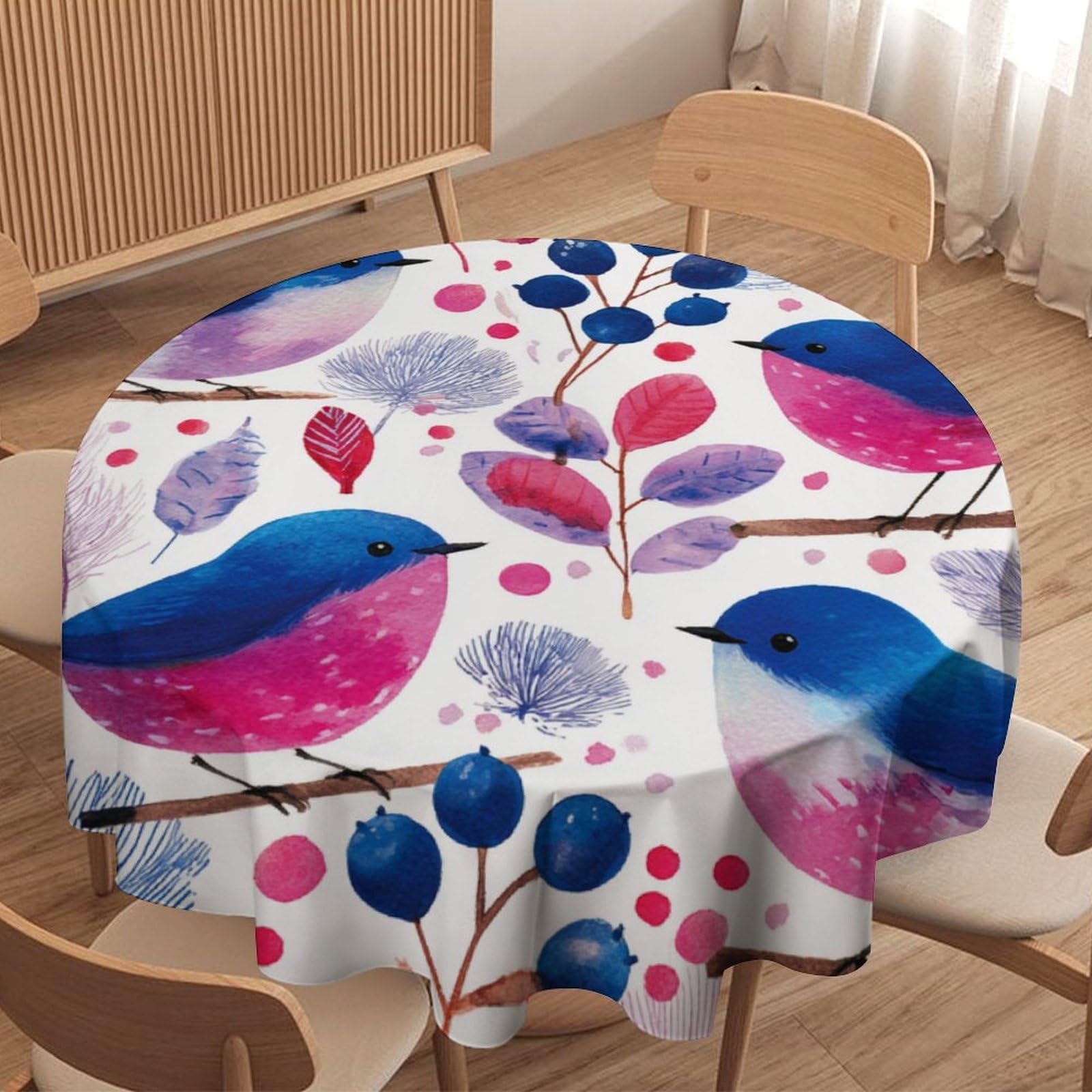 LUYYSKY Funny Abstract Blue Birds Waterproof Round Tablecloth Beautiful Cute Japanese Botanical Plant Fruit Blueberries Animals Bird Washable Table Cover for Kitchen-177.8" Wx177.8 L cm
