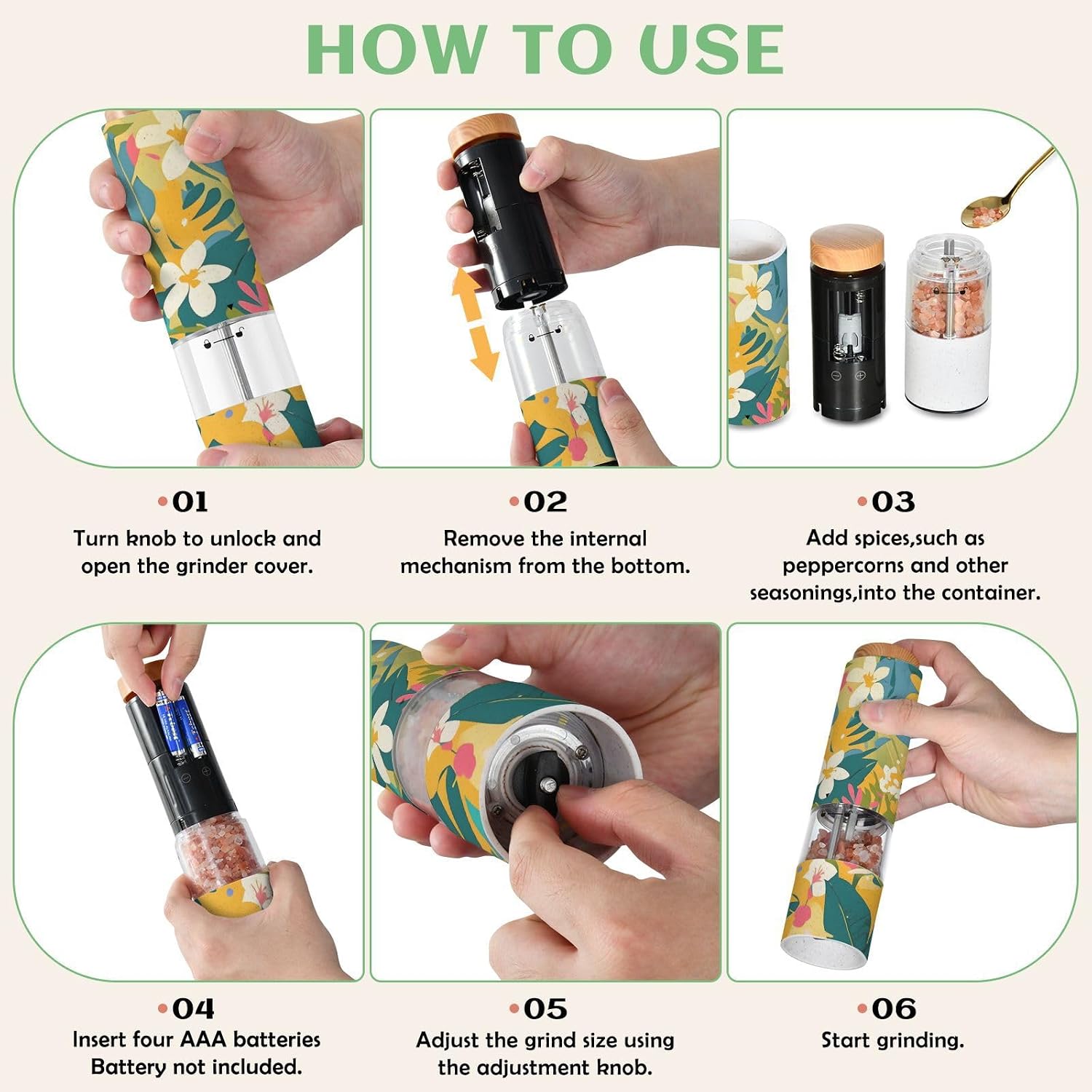 ALAZA Electric Pepper Grinder with Adjustable Coarseness, Tropical Flowers Yellow Battery Automatic Salt and Pepper Mill with Led, One-Handed Operation Spice Grinder for Kitchen, Camping & BBQ