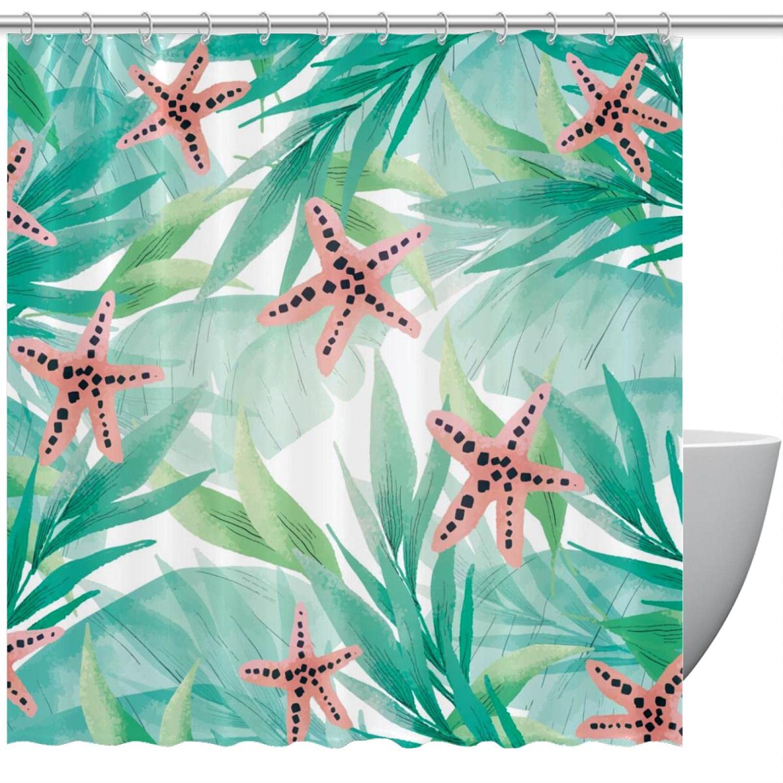 Rideau de douche 183x183 cm imprimé feuilles tropicales vertes et étoiles de mer colorées