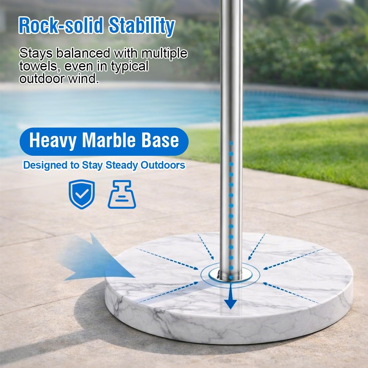 Abimars Pool Towel Rack Outdoor, 5ft Tall 304 Stainless Steel Hot Tub Towel Rack Outdoor with Marble Weighted Base, Tip-Resistant & Pool-Chemical Resistant, Mirror-Polished & Easy to Clean