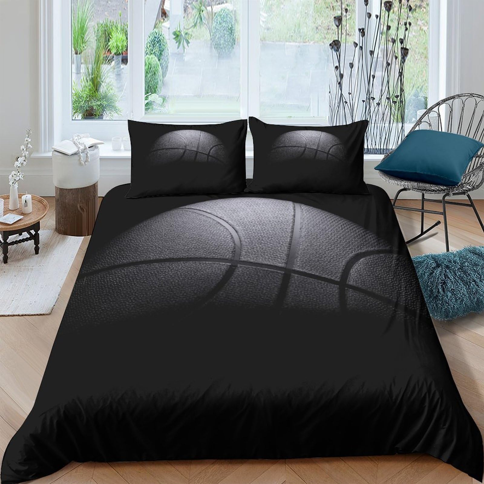 TUFRTGYHN 3D Printed Basketball Pattern Duvet Cover Set Microfiber Soft Breathable Black Sports Quilt Cover with 2 Pillowcases for Bedroom Home Decor, Single（135x200cm）