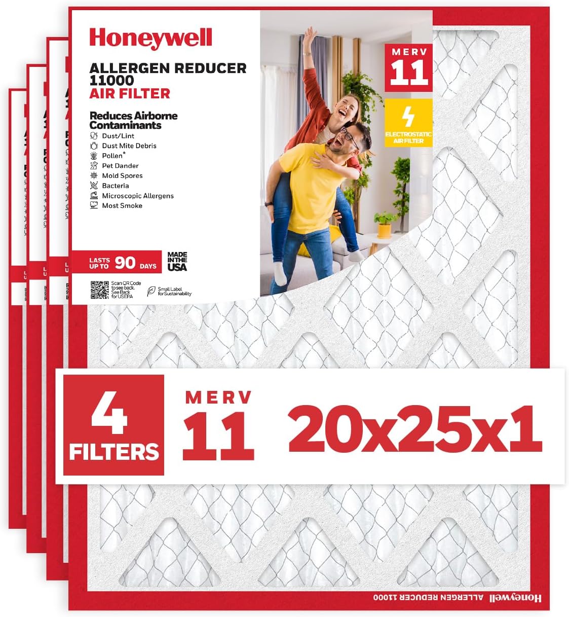 Honeywell 20x25x1 MERV 11 Allergen Reducer 11000 Electrostatic Pleated HVAC AC Furnace Air Filter (4-Pack) | Replacement Filter for Home Use | Made in USA 20x25x1 (4 Pack)