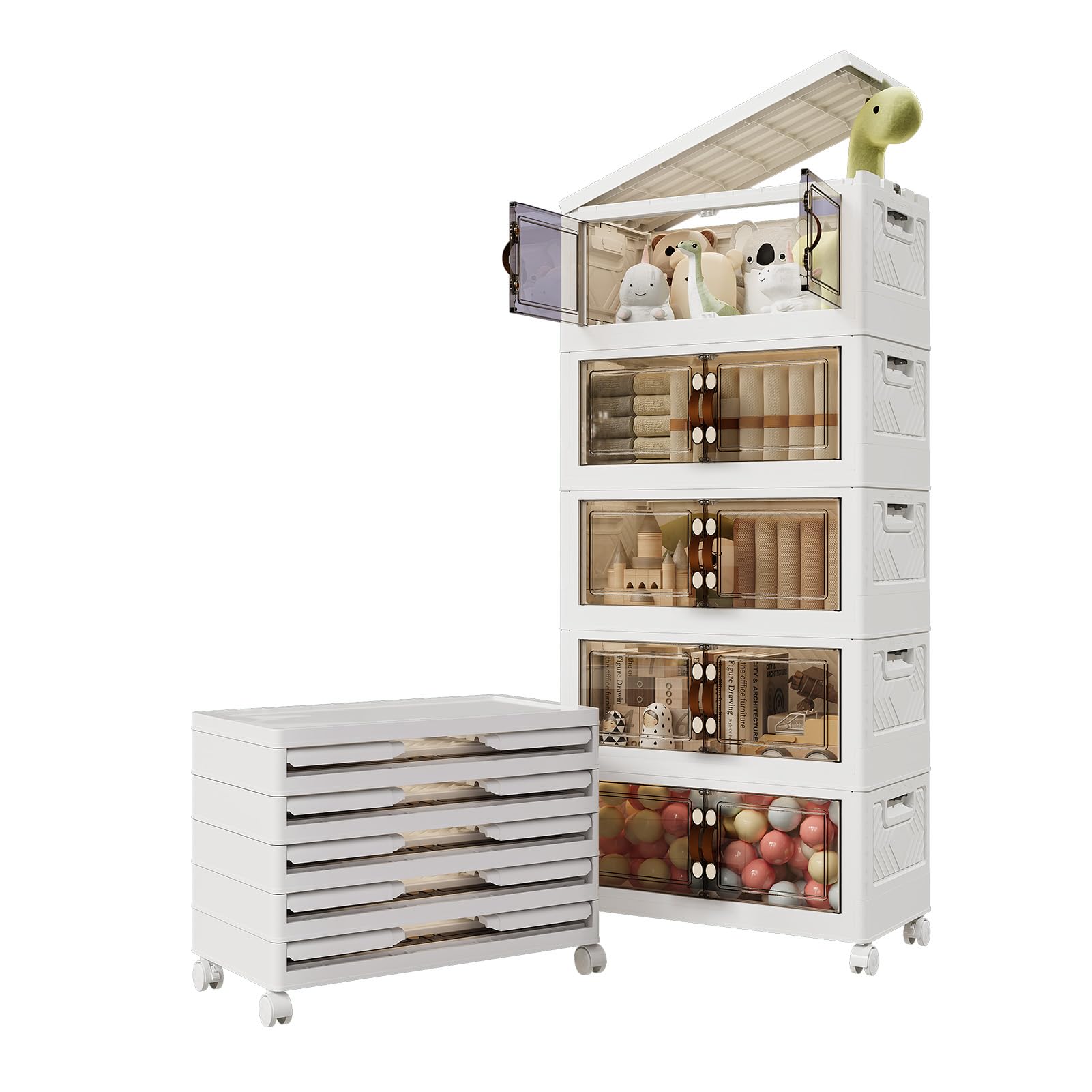 Zusammenklappbare Aufbewahrungsbox mit Doppeltür, 69L*5, weiß, auf Rollen | 55cm zusammenklappbare Aufbewahrungsbehälter aus Kunststoff mit Rollen als Schrankorganizer für das Homeoffice, 5 Ebenen