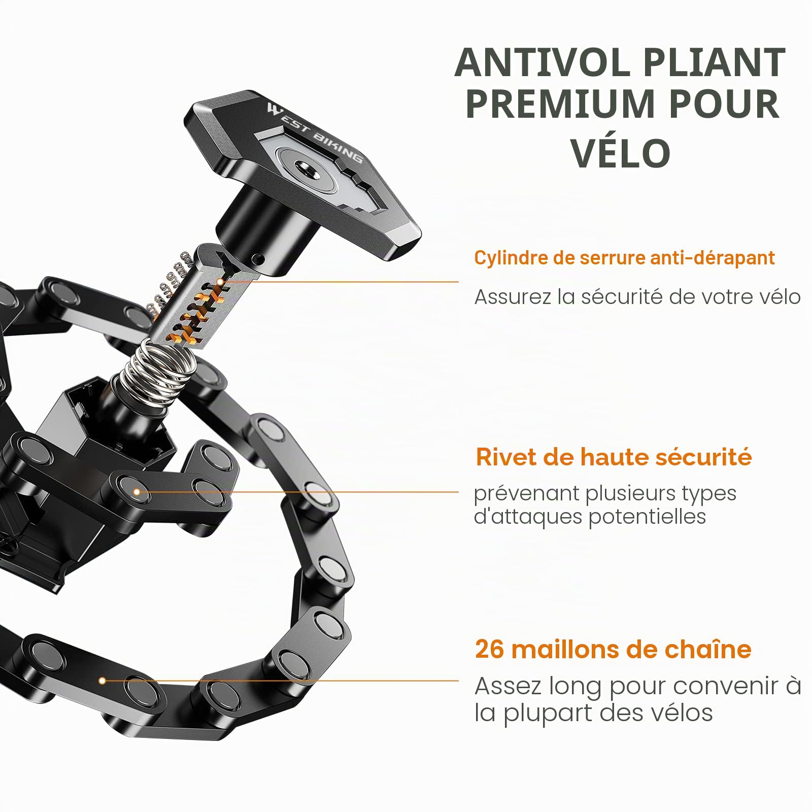 ICOCOPRO Antivol pliable pour vélo - 85 cm - Avec support - Haute sécurité - Noir