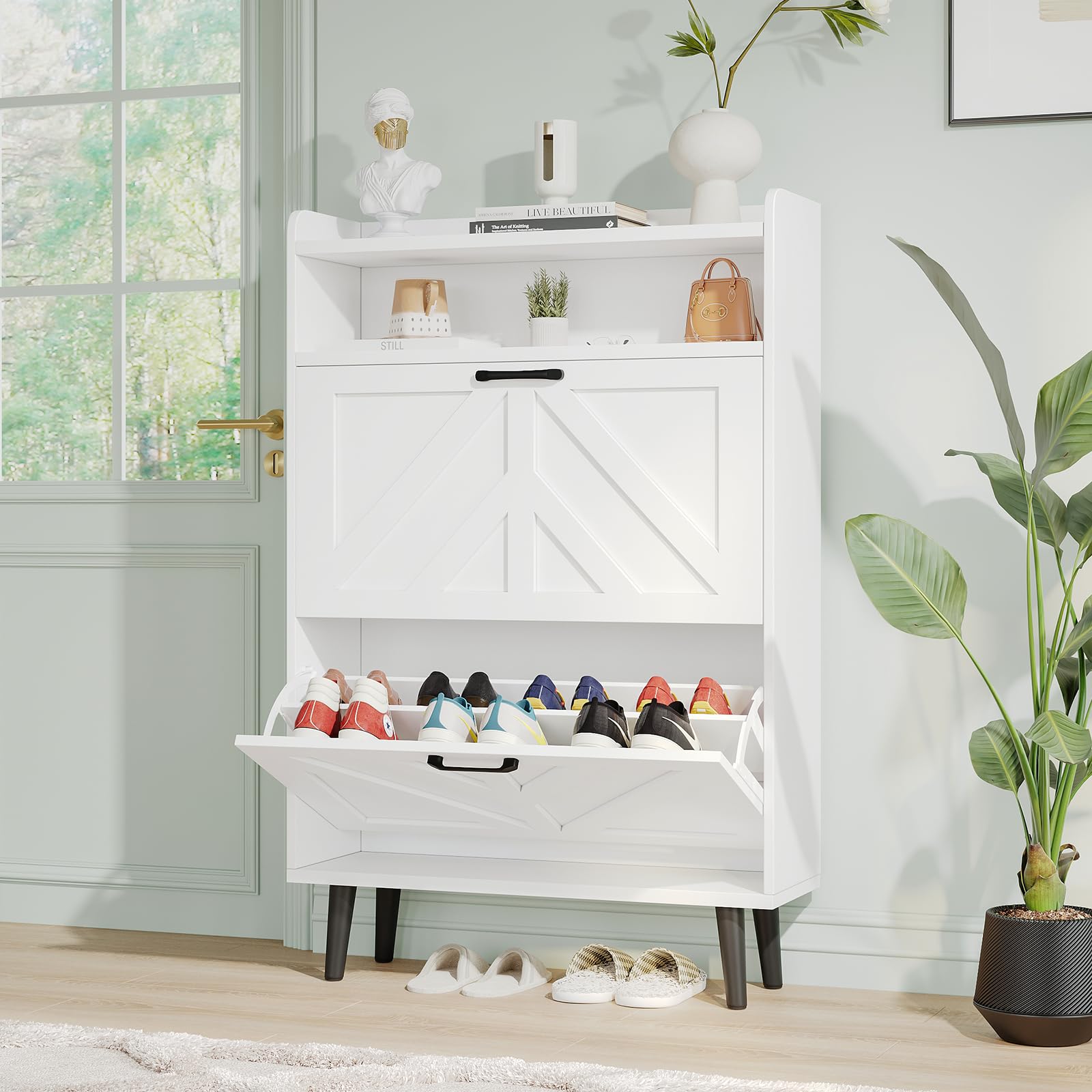 VOWNER Zapatero Entrada Recibidor Estrecho, Mueble Zapatero Blanco con 2 Puertas Abatibles y Estantes Ajustables, Organizador de Zapatos de Madera con Patas Elevadas para Pasillo, 75 x 24 x 113 cm