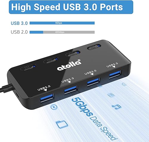 Miniatura 4 de Concentrador USB, divisor de concentrador USB 3.0 de 4 puertos con cable extendido de 2 pies, extensor USB de datos ultra delgado con interruptores