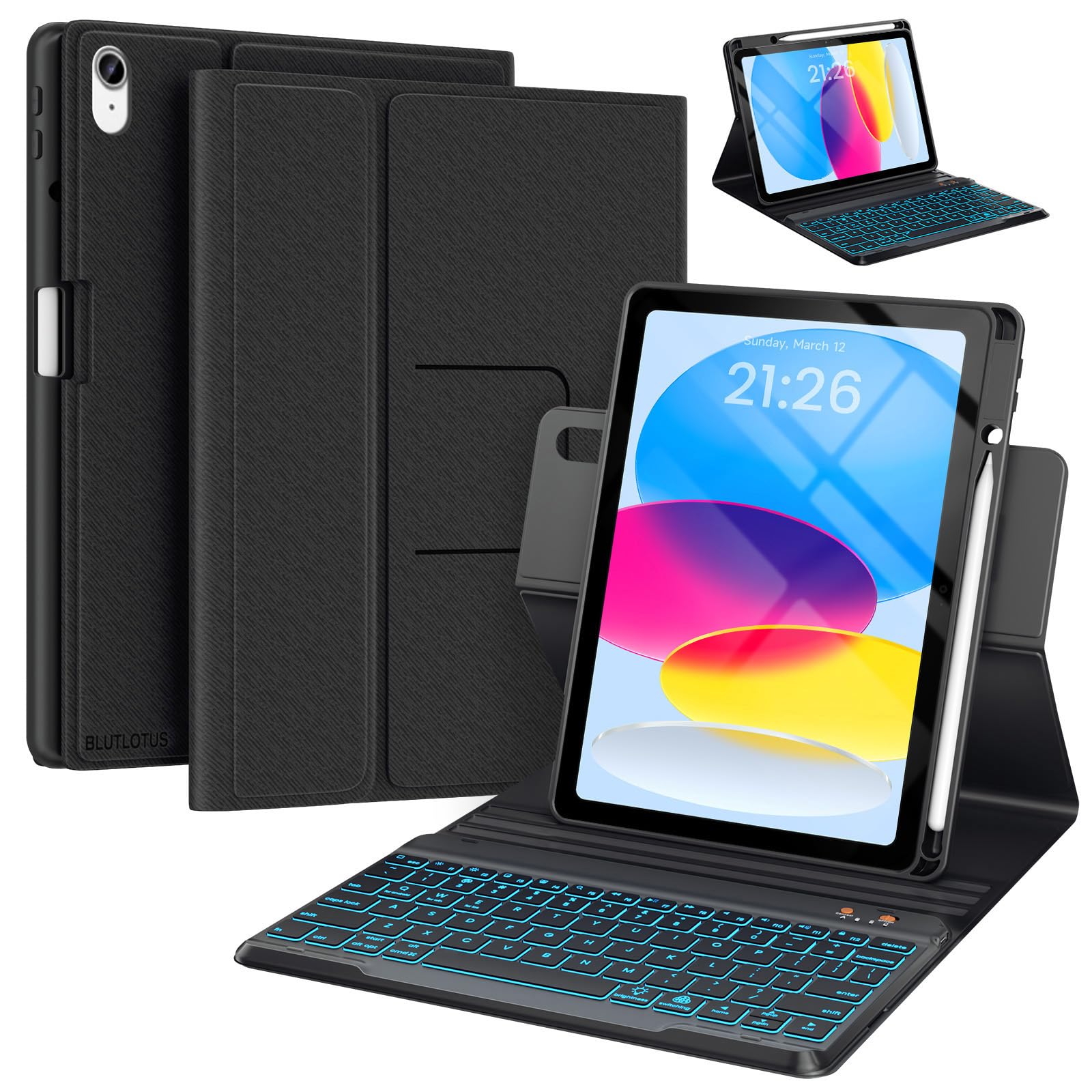 BLUTLOTUS Keyboard Case for iPad 10th Generation 2022 10.9 inch,360° Rotatable Keyboard Case with Pencil Holder, 7 Color Backlit Detachable Bluetooth