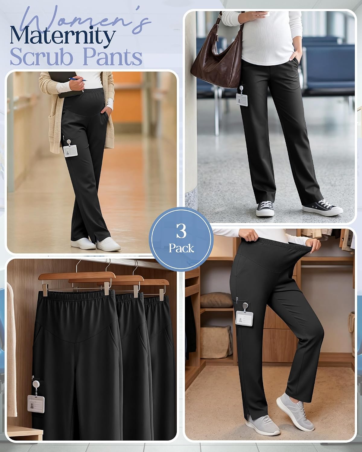 Xaatren 3 Pack Women's Maternity Scrub Pants 6 Pockets Stretchy Straight Leg Pregnancy Cargo Workwear with Side Vents