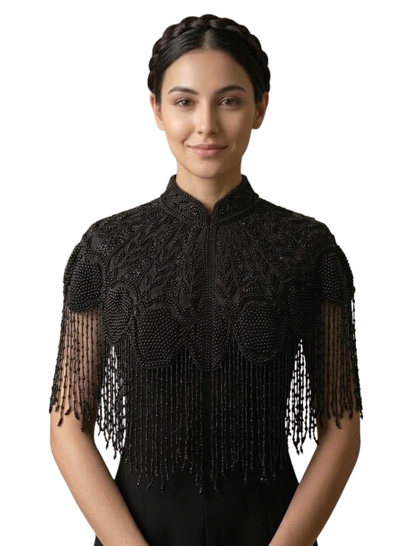 Antique Net Hand Embroidered Pearl Cape for Women, Fringe Detail Black Beaded Shoulder Wrap-image-32