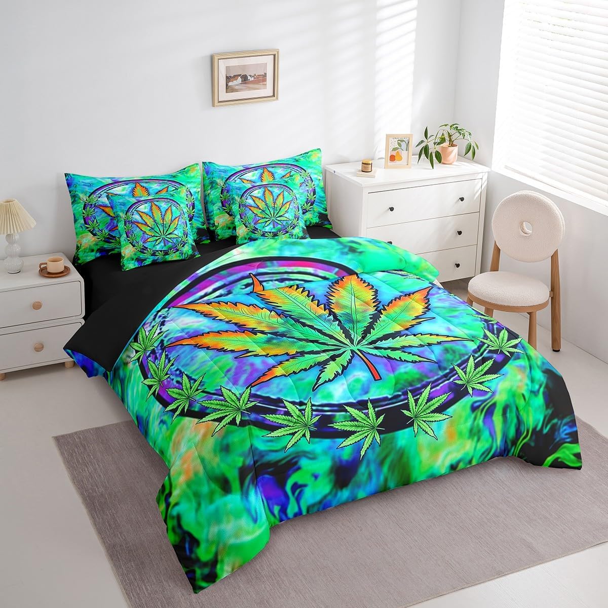 7 Pieces Queen Size Cannabis Leaf Comforter Set,Marijuana Weed Psychedelic Bedding Set for Boys Girls,Tie-dye Graffiti Trippy (Comforter+Fitted+Flat Sheet+2 Pillowcases+2 Throw Pillow Covers)