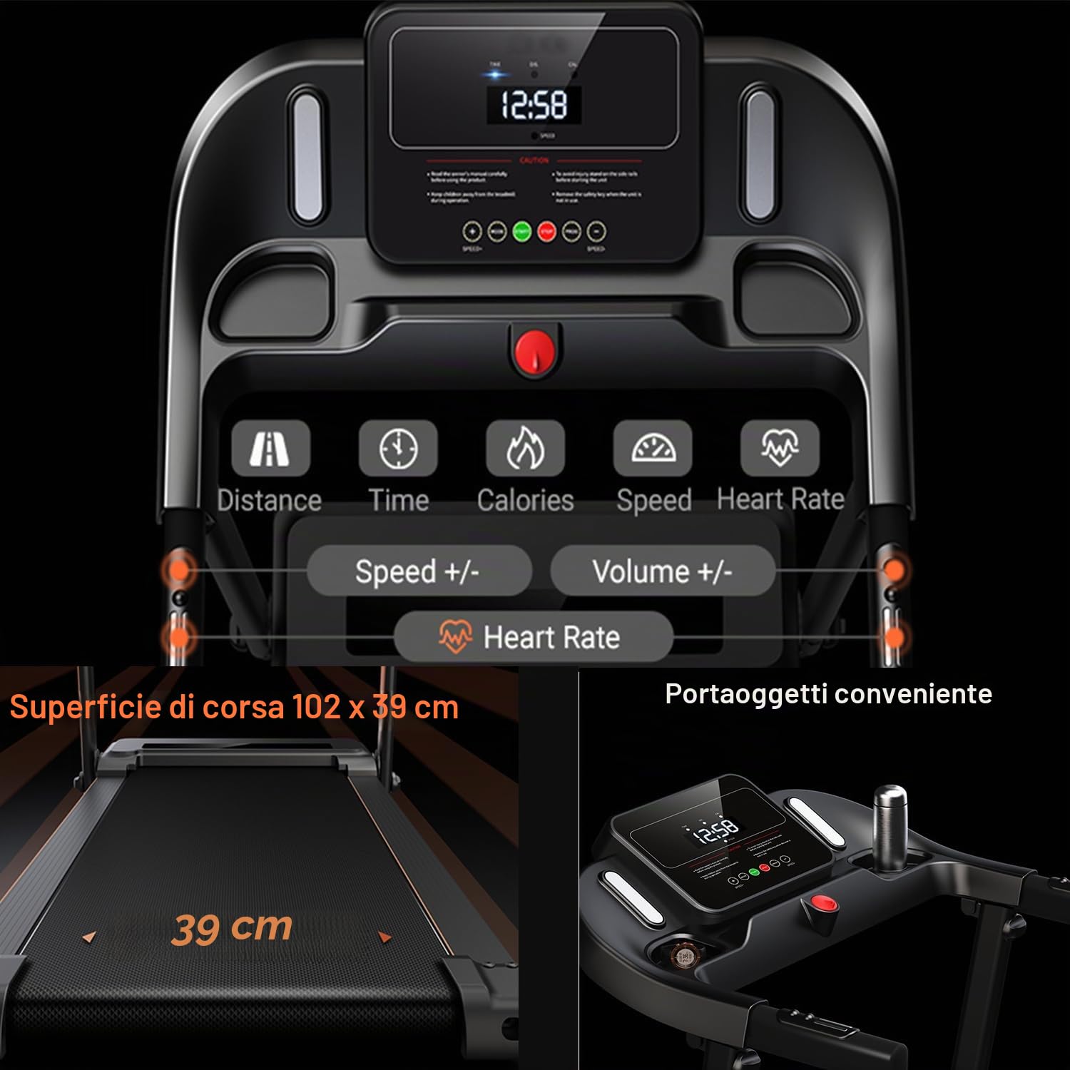 Xyphoril Tapis Roulant Pieghevole con Inclinazione Manuale 5%-10%-15%, Motore Brushless 3.0HP, Velocità 14KM/H, Superficie di Corsa 103×39CM, 12 Programmi, Sensore di Frequenza Cardiaca, Portata 140KG