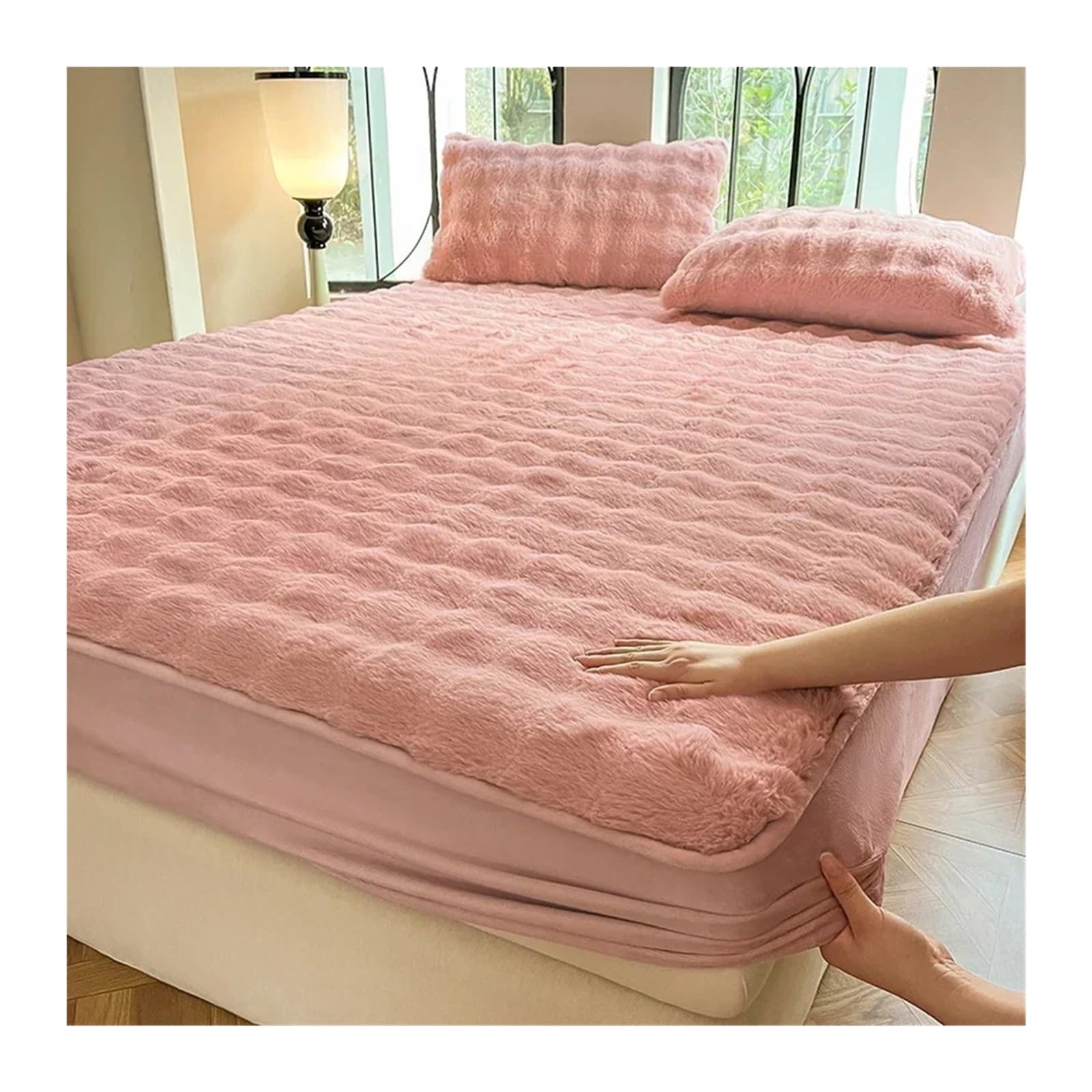 Housse de matelas chaude hiver drap lit double rose 180x200x25cm thermique pour adulte