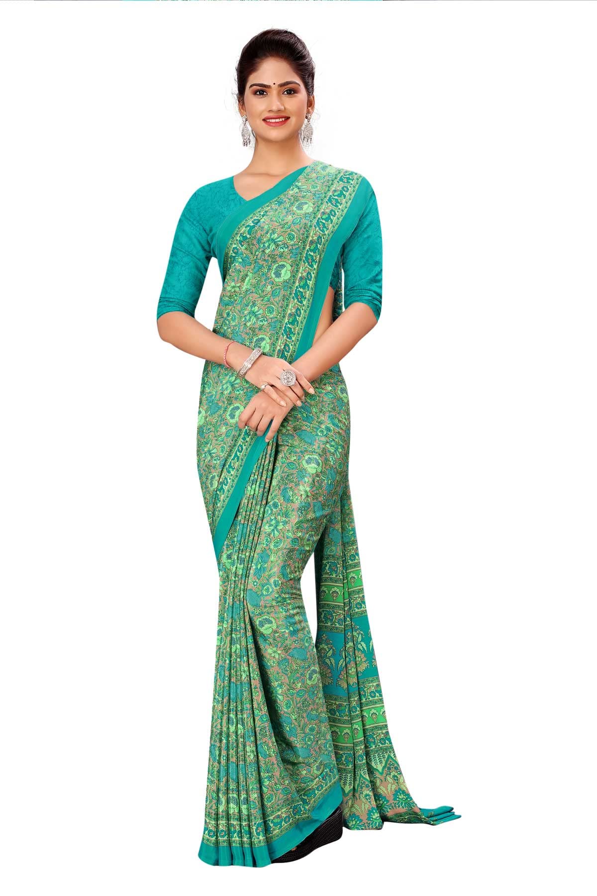 Uniform Sarees Corp Carrot Pink Women's Premium Silk Crepe Floral Print School Uniform Sarees With Blouse Piece