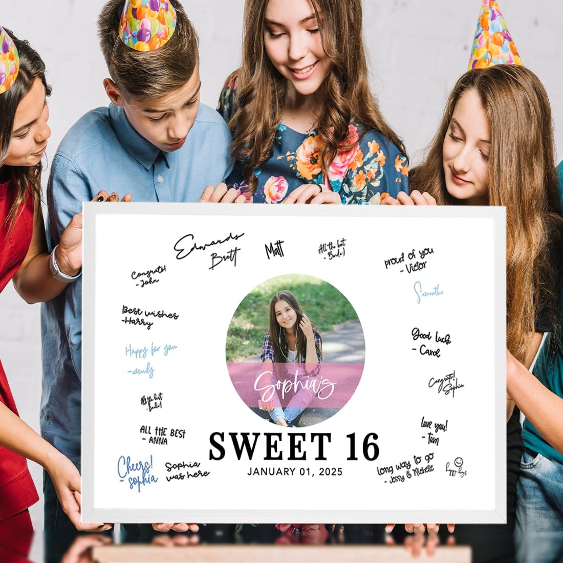 Andaz Press 12x18-Inch Personalized Sweet 16 Signature Frame Guest Book Alternative Round Custom Photo Sign in Board Wall Art Poster Keepsake for Girls Sixteen 16th Birthday Party Decorations, 1-Pack