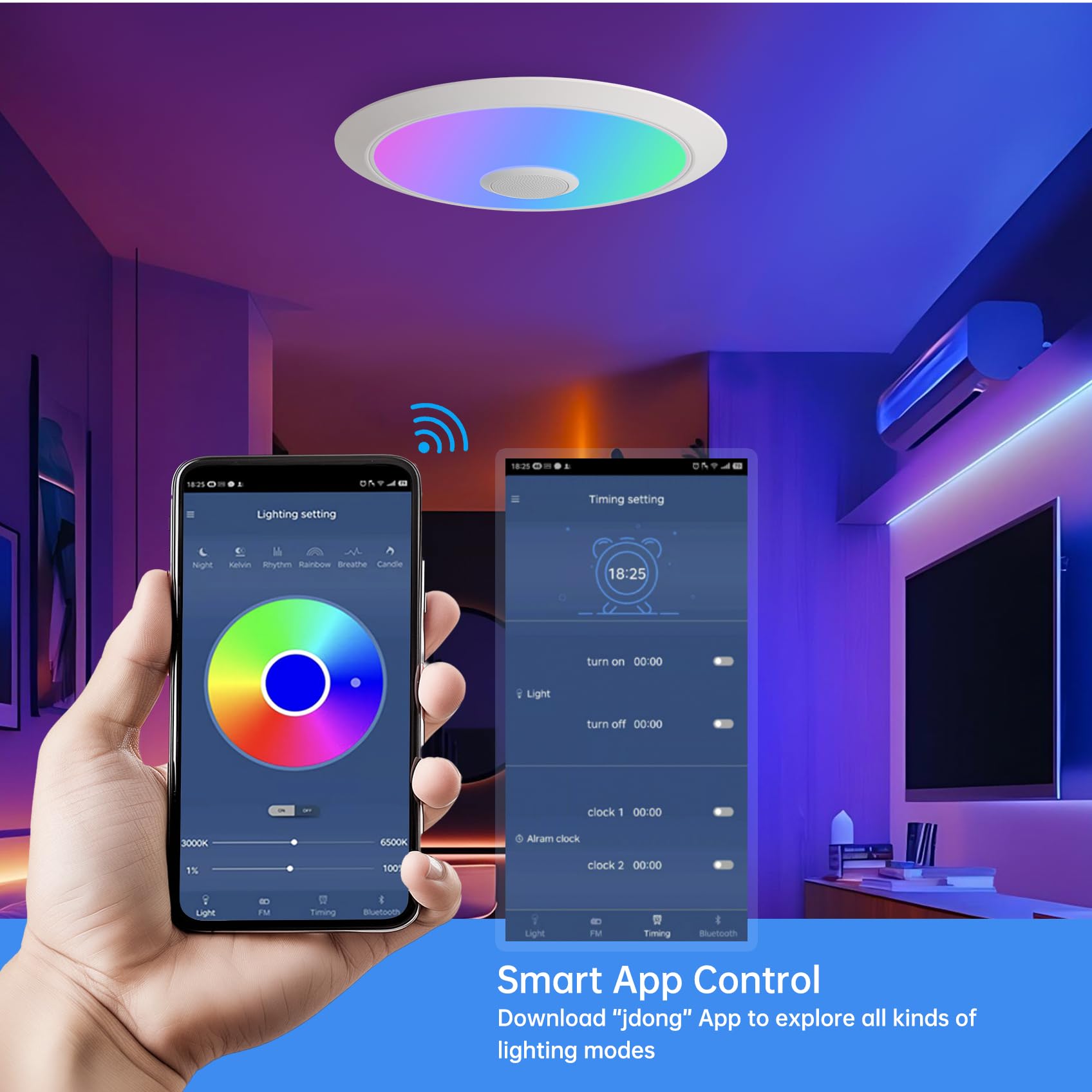 JDONG LED Deckenleuchte Dimmbar 72W mit Bluetooth Lautsprecher Rund Badezimmer led Deckenlampe mit Fernbedienung und APP RGB Farbwechsel Einstellbar für Schlafzimmer Wohnzimmer Ø60cm