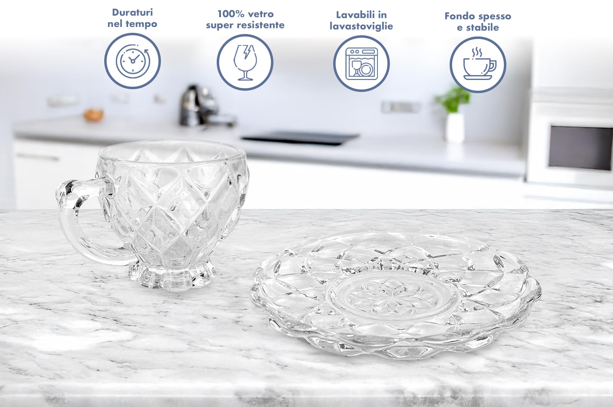 IlGruppone Set 6 Tazzine caffè in Vetro con Piattino Eleganti 100 ML Lavabili in Lavastoviglie Trasparenti Certificate Contatto Alimentare in Elegante Confezione Regalo Ricamate Bicchierini Coplenza